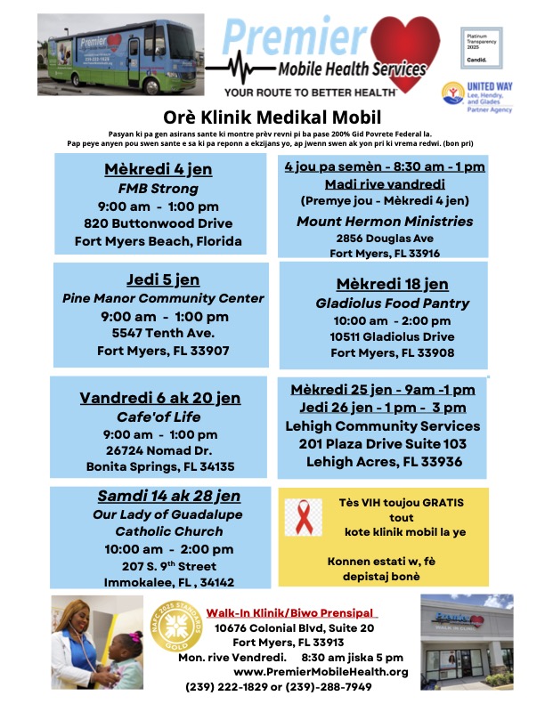 revised june 2025 creole mobile medical clinic schedule