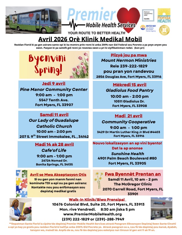 april 2026 creole mobile medical clinic schedule